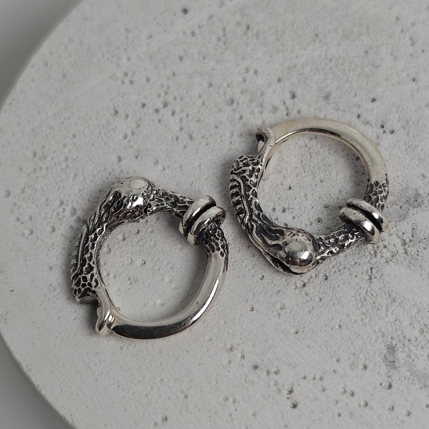 Textured Silver Serpent Huggie Earrings – Unisex Hoop, Single or Pair - EK128s