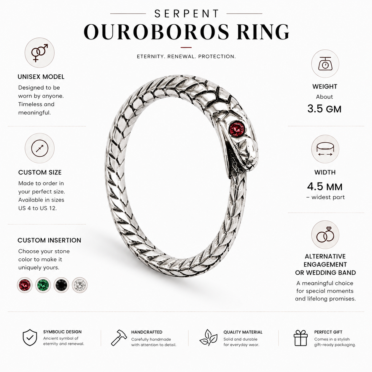 Ouroboros Ring – Sterling Silver with Ruby Eyes