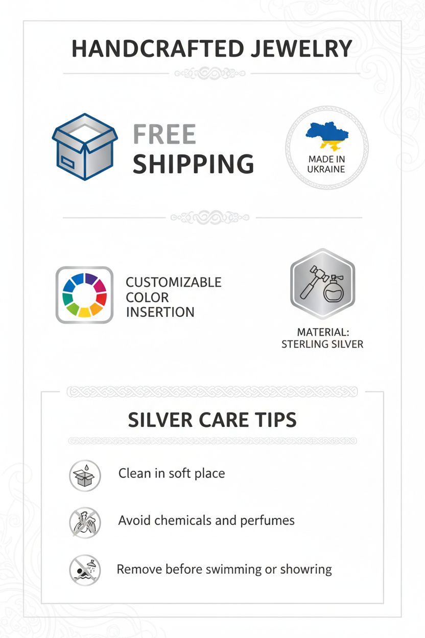 Handcrafted jewelry promotional graphic with icons and text about free shipping, customizable color insertion, made in Ukraine, material type, and silver care tips.