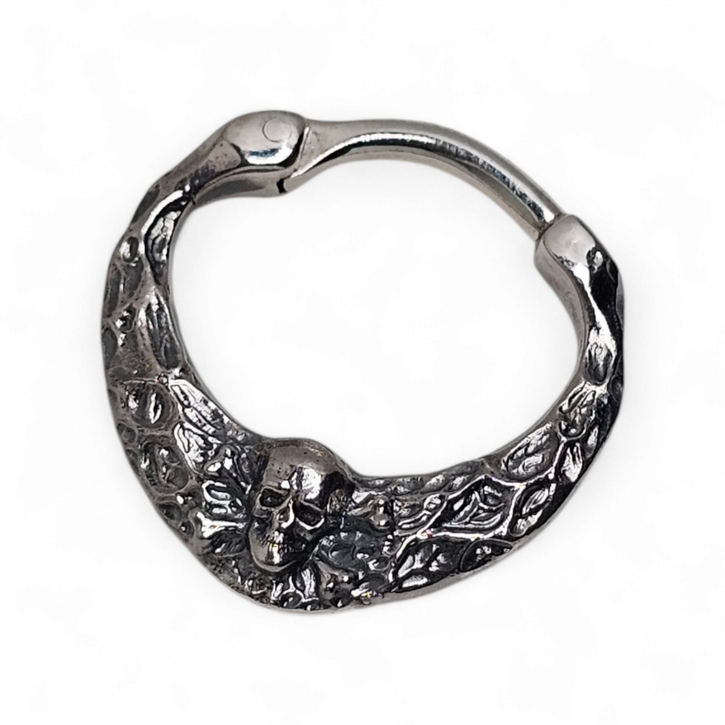 Skull Septum Ring – Hammered Sterling Silver | Gothic Earring | EK133s