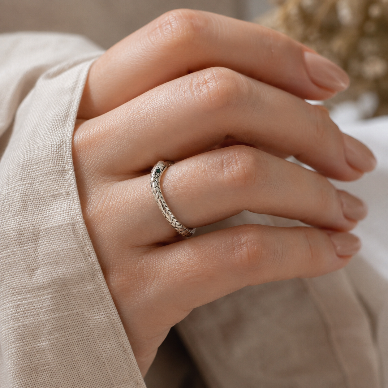 Ouroboros Ring – Sterling Silver with Ruby Eyes