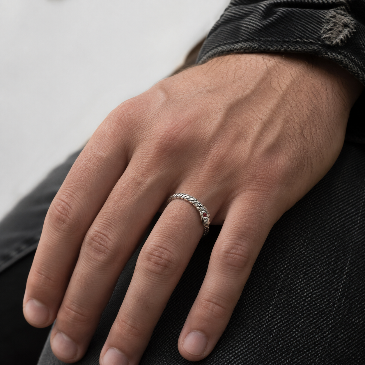 Ouroboros Ring – Sterling Silver with Ruby Eyes