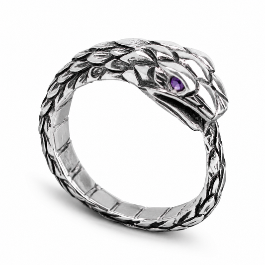 Wide Ouroboros Ring Silver with Natural Gemstone — Amethyst, Blue Topaz or Garnet
