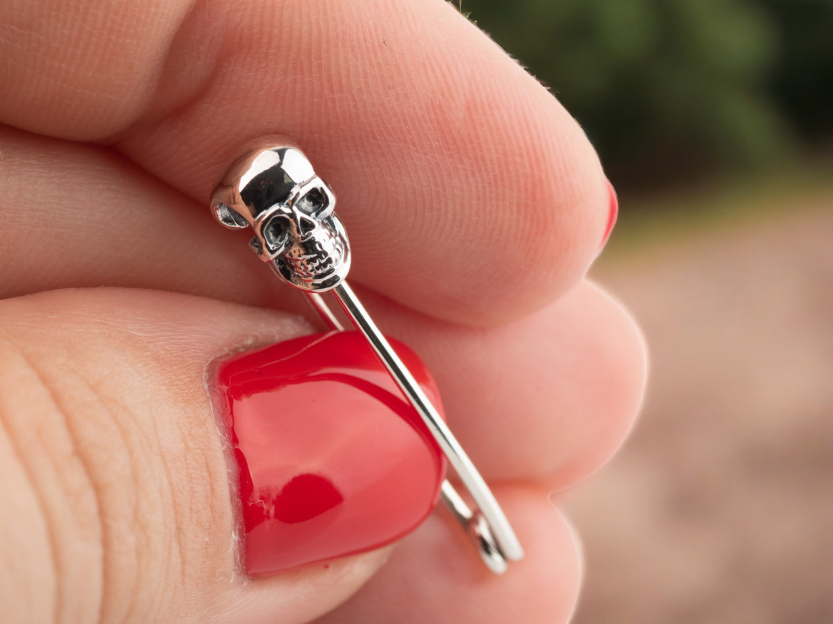 Skull Safety Pin – Sterling Silver Gothic Earring & Brooch