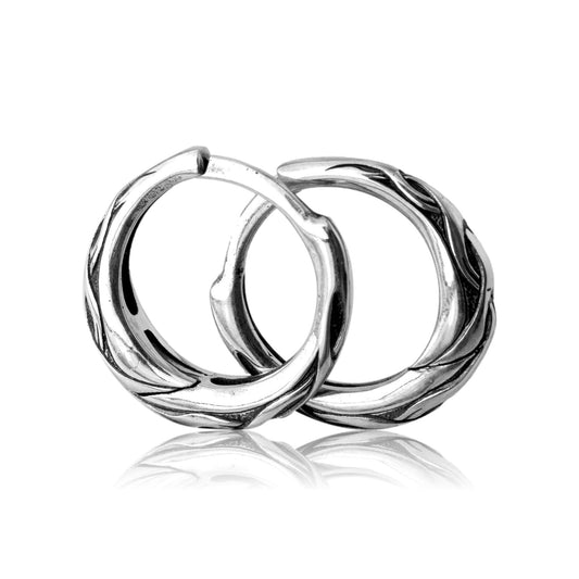 Silver hoop earrings with waved unique ornament for men or women