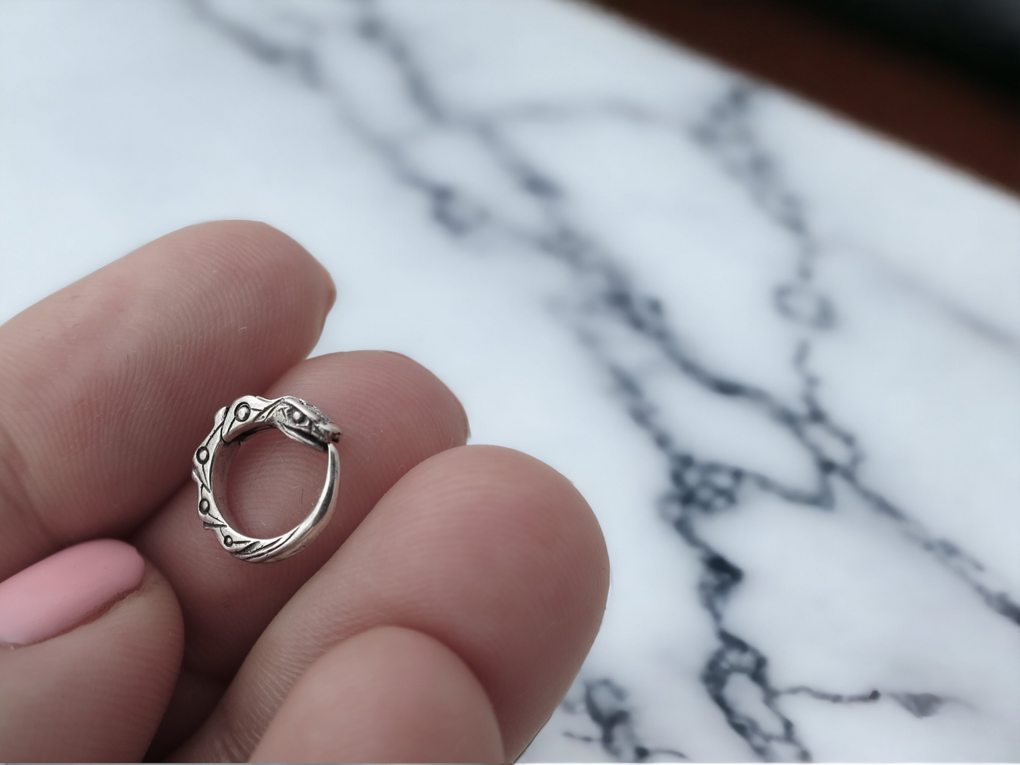 Tiny hoop earrings Ouroboros sterling silver