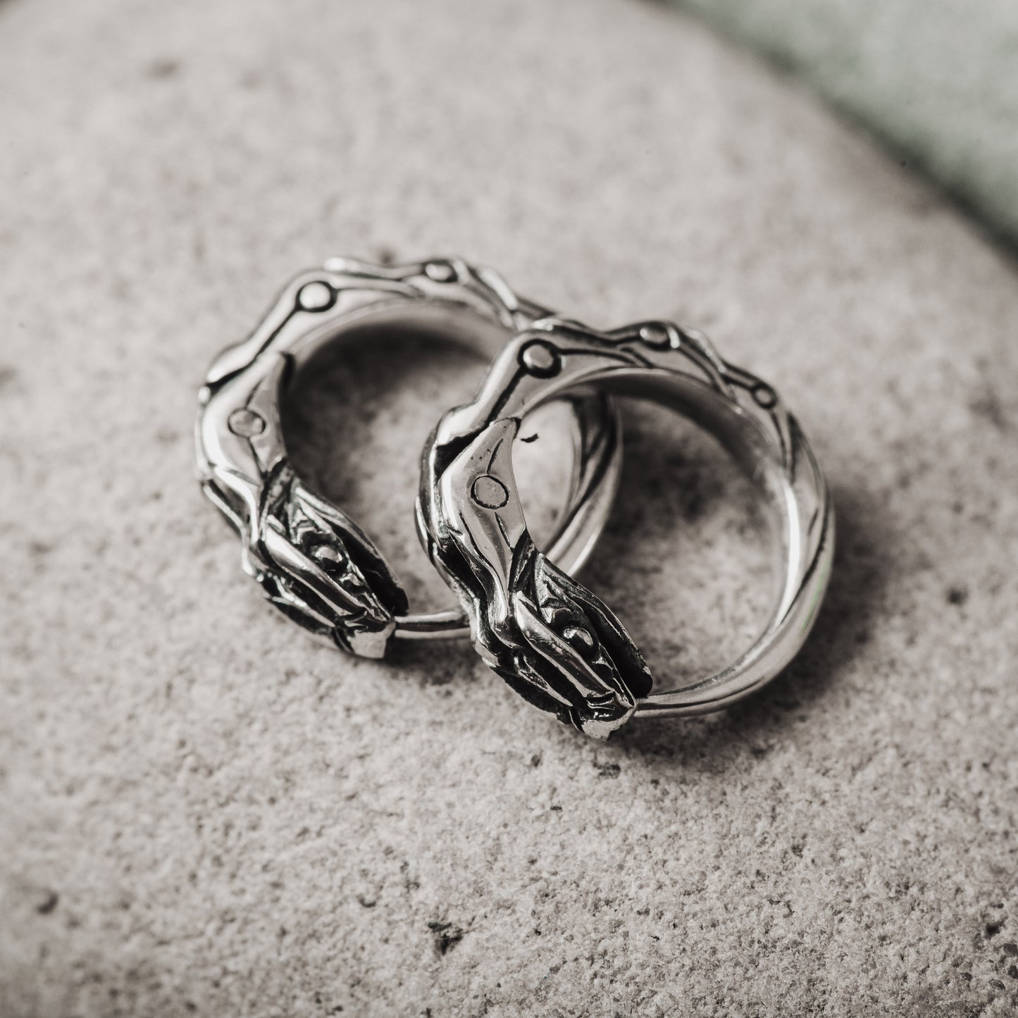 Tiny hoop earrings Ouroboros sterling silver
