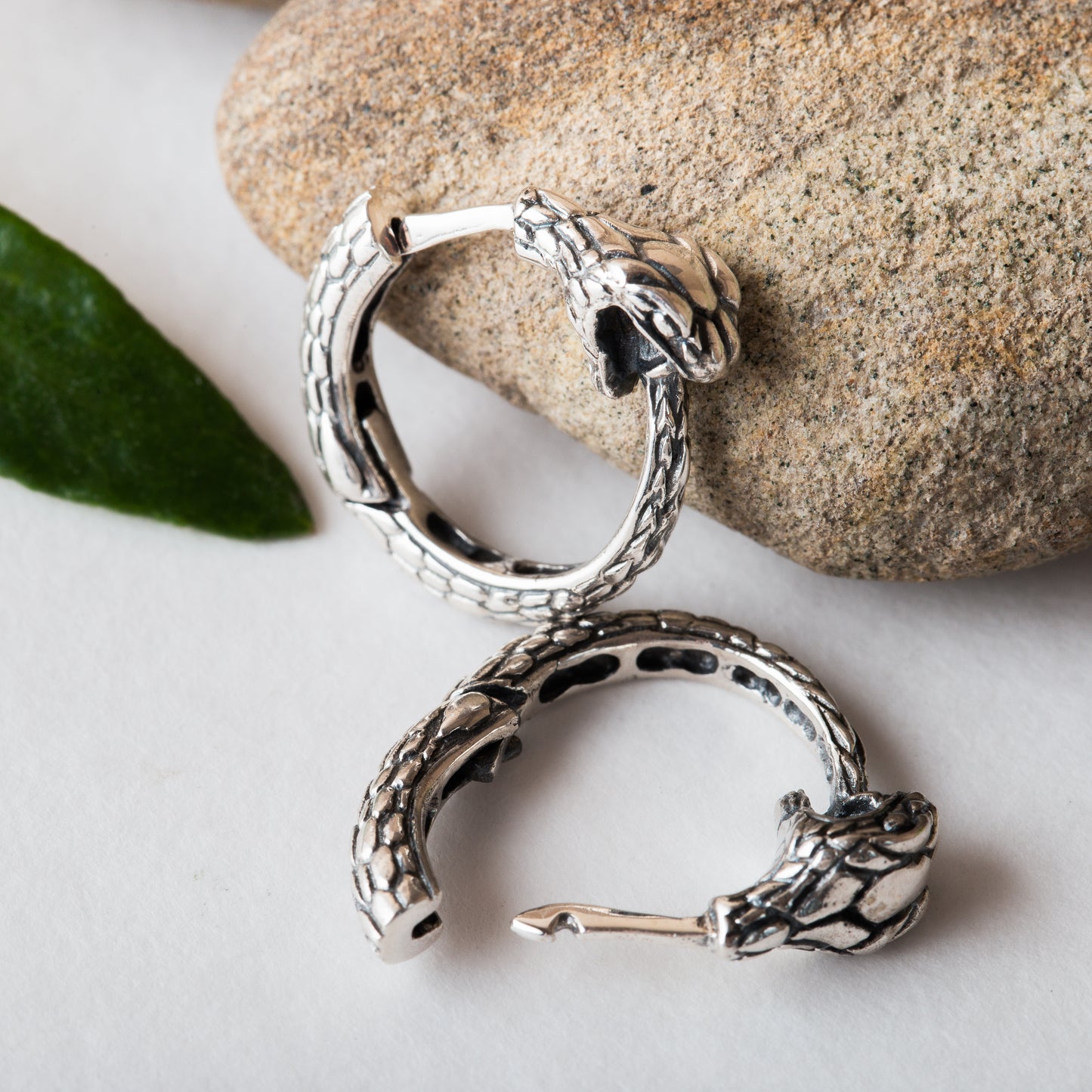 Snake hoop earrings Ouroboros sterling silver