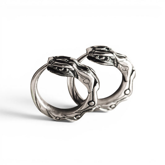 Tiny hoop earrings Ouroboros sterling silver