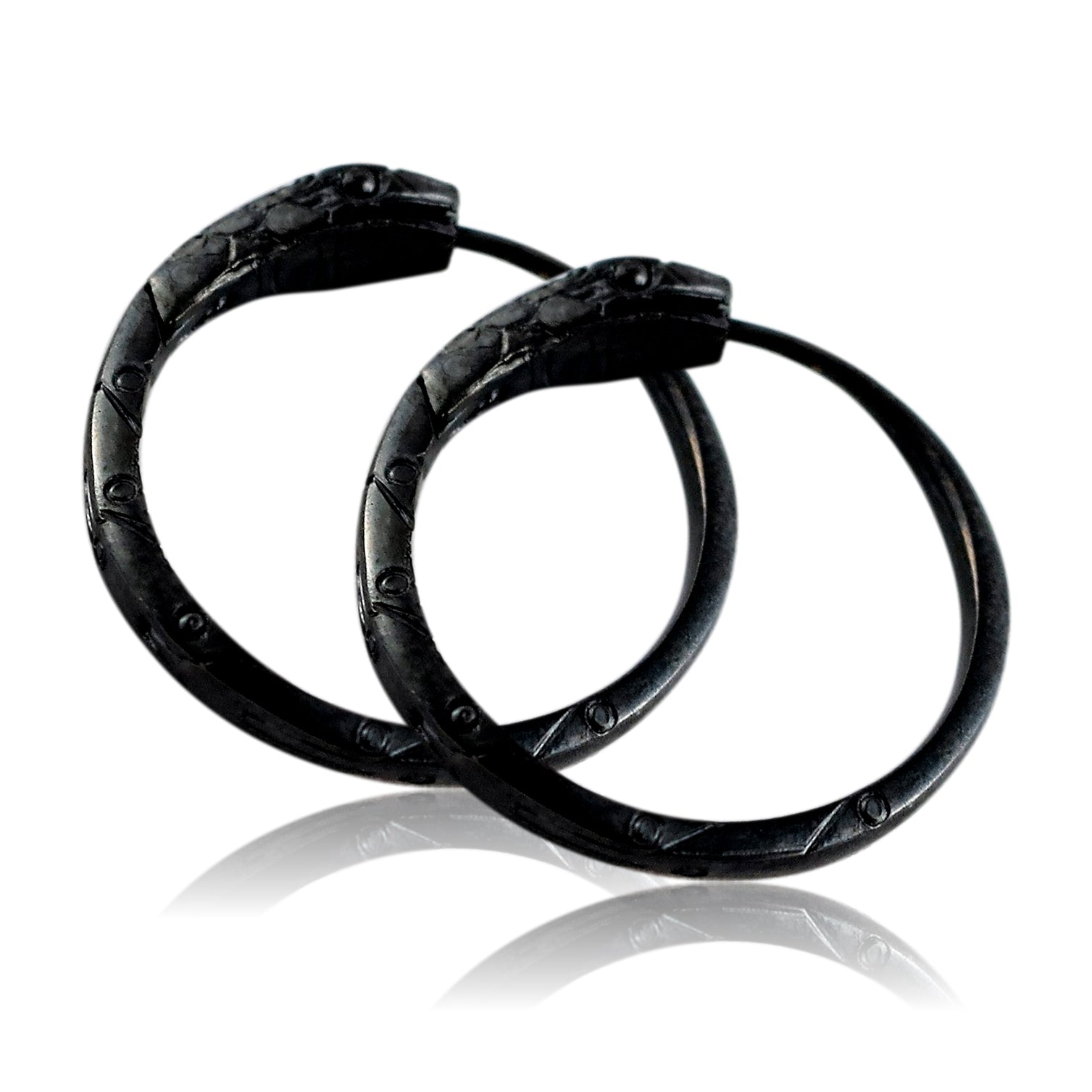 A pair of sterling silver Ouroboros hoop earrings with a 22mm outer diameter, featuring a detailed snake biting its tail design.