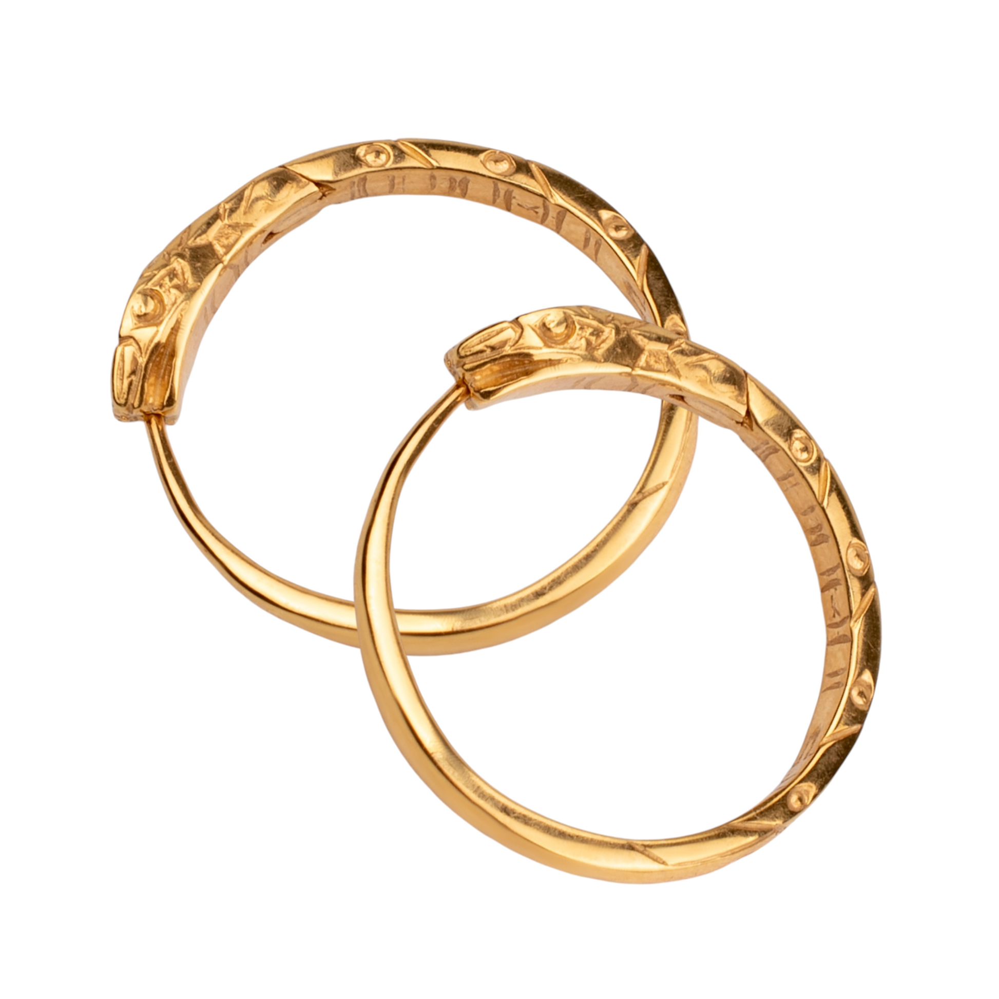 A pair of gold-colored ouroboros hoop earrings made from solid 925 sterling silver, with a hinged closure.