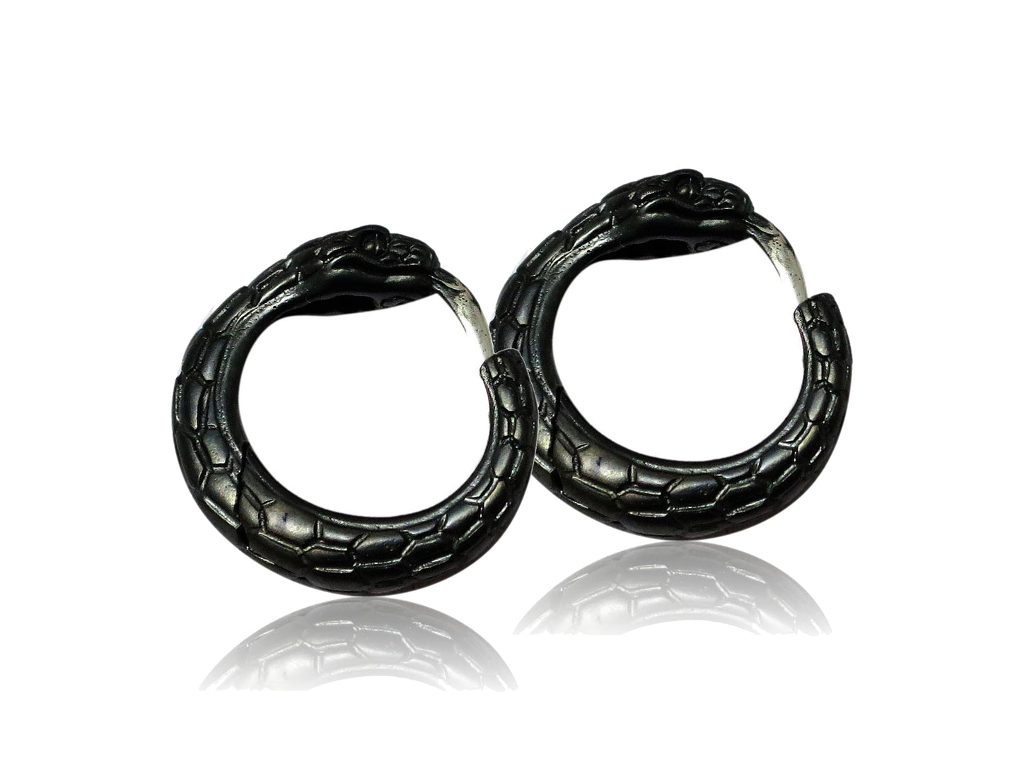 Black snake earrings chunky huggie hoops sterling silver